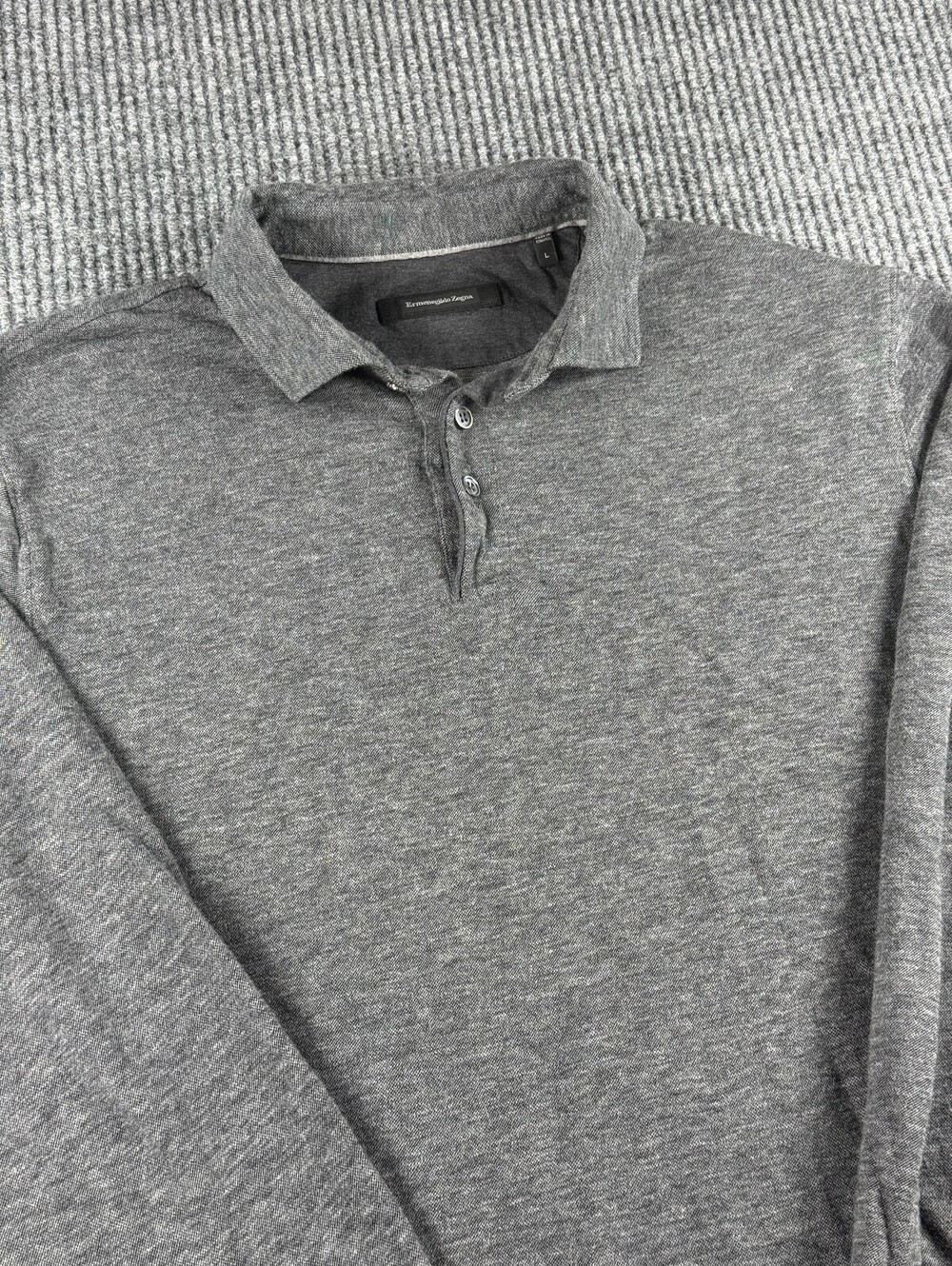 Ermenegildo Zegna Polo Mens Large Heathered Charcoal Long Sleeve Preppy Luxury